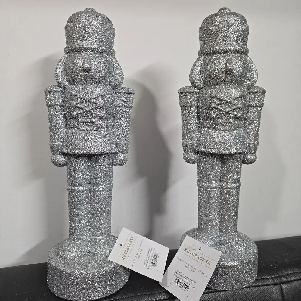 Set of 2 Silver Glittered Christmas Decorative Nutcrackers,  11.5 in H, New